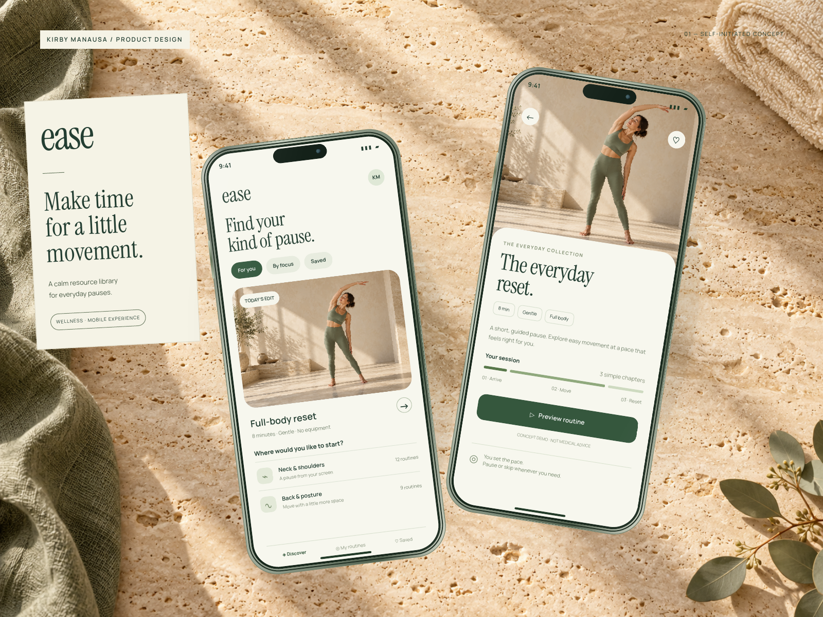 Two angled sage-framed mobile wellness interfaces on sunlit travertine beside linen, an editorial card and eucalyptus; discovery and routine-detail screens.