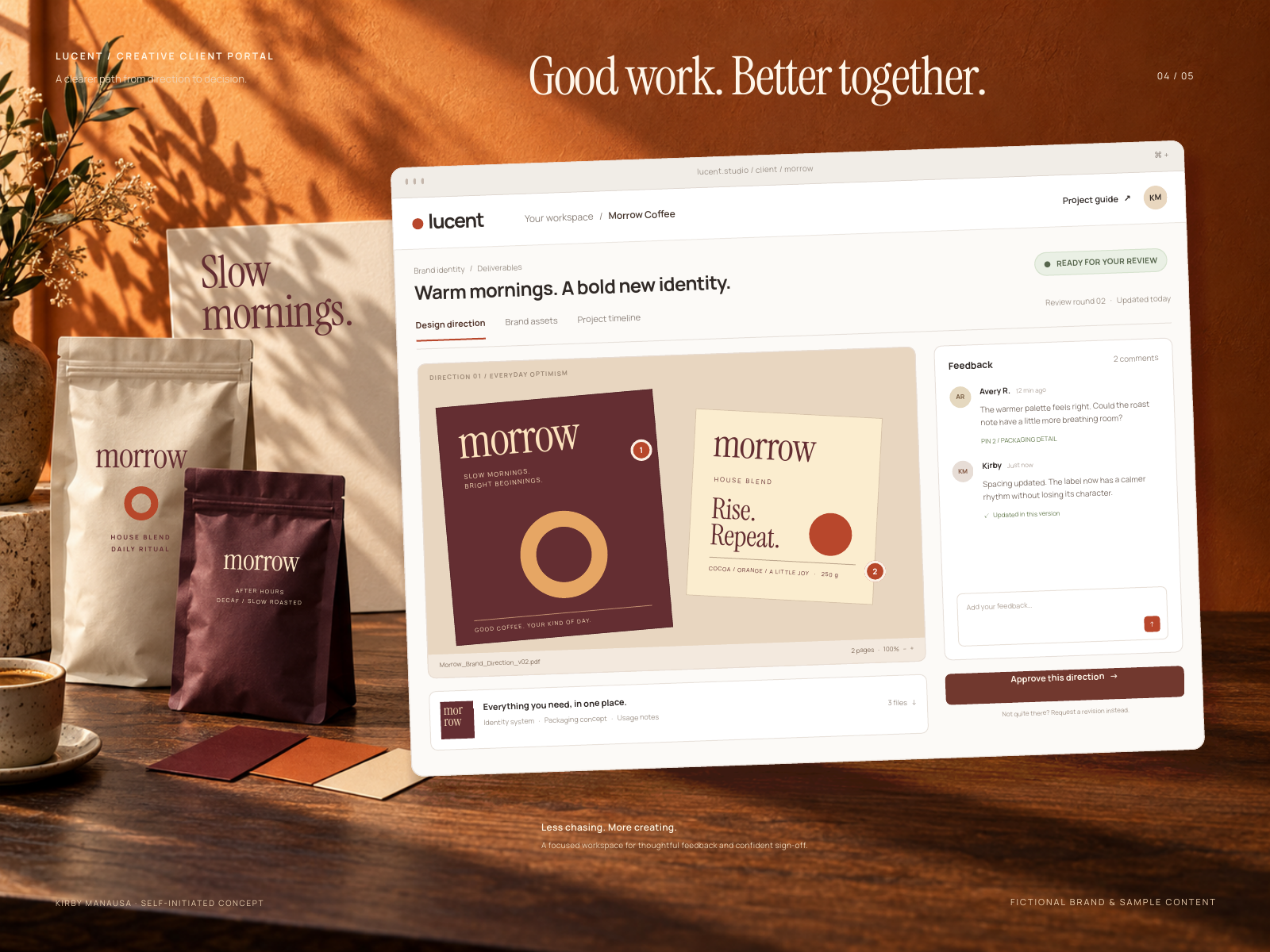 A cream client-review browser with numbered feedback pins and comments, surrounded by fictional Morrow coffee pouches, a poster, swatches and espresso in an orange-walled studio.