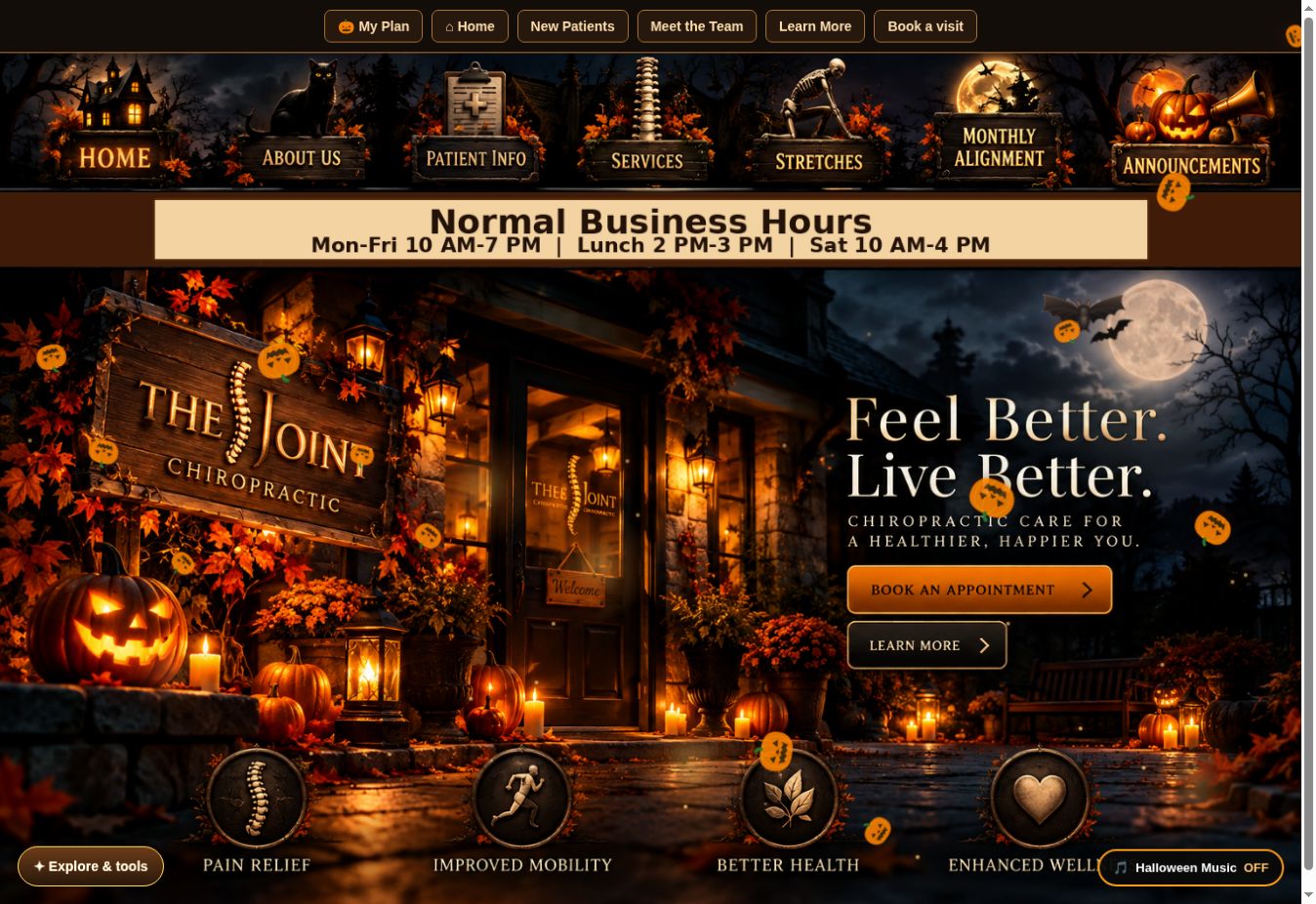 Live Stretch Library home page with seasonal artwork and patient resource navigation